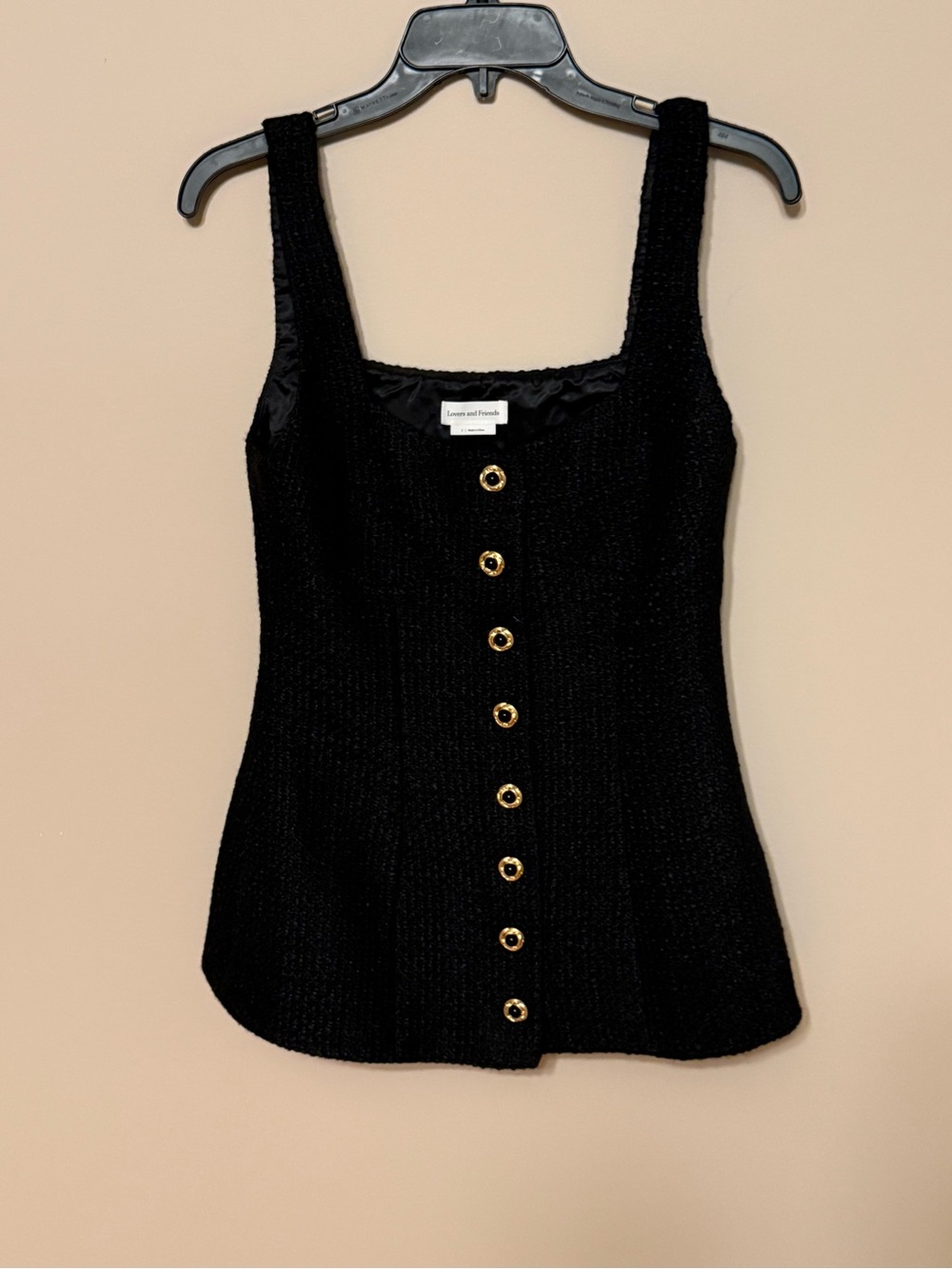 Lovers + Friends Black Knit Square-Neck Tank with Gold Buttons